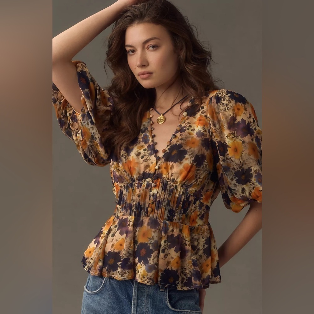 NWT Size S - By Anthropologie Sheer Peplum Blouse